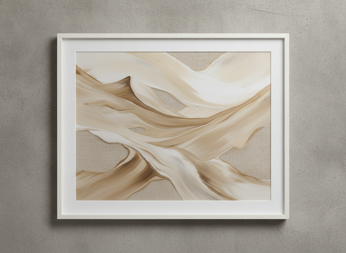 Abstract fluid sand beige and textured linen brushstroke study in minimalist framing layout
