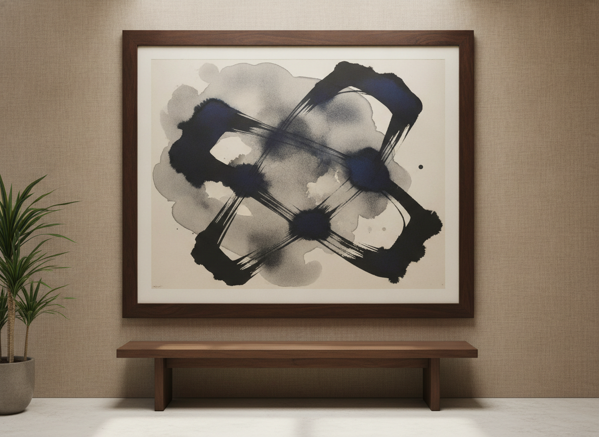 Contemporary modern ink lithograph art piece with a dark walnut box frame hung on a warm linen interior gallery wall