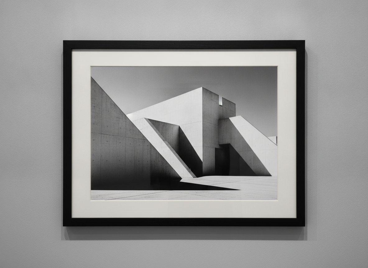 Monochrome graphic study of concrete architectural geometry and sharp shadow contrasts, museum quality framed print