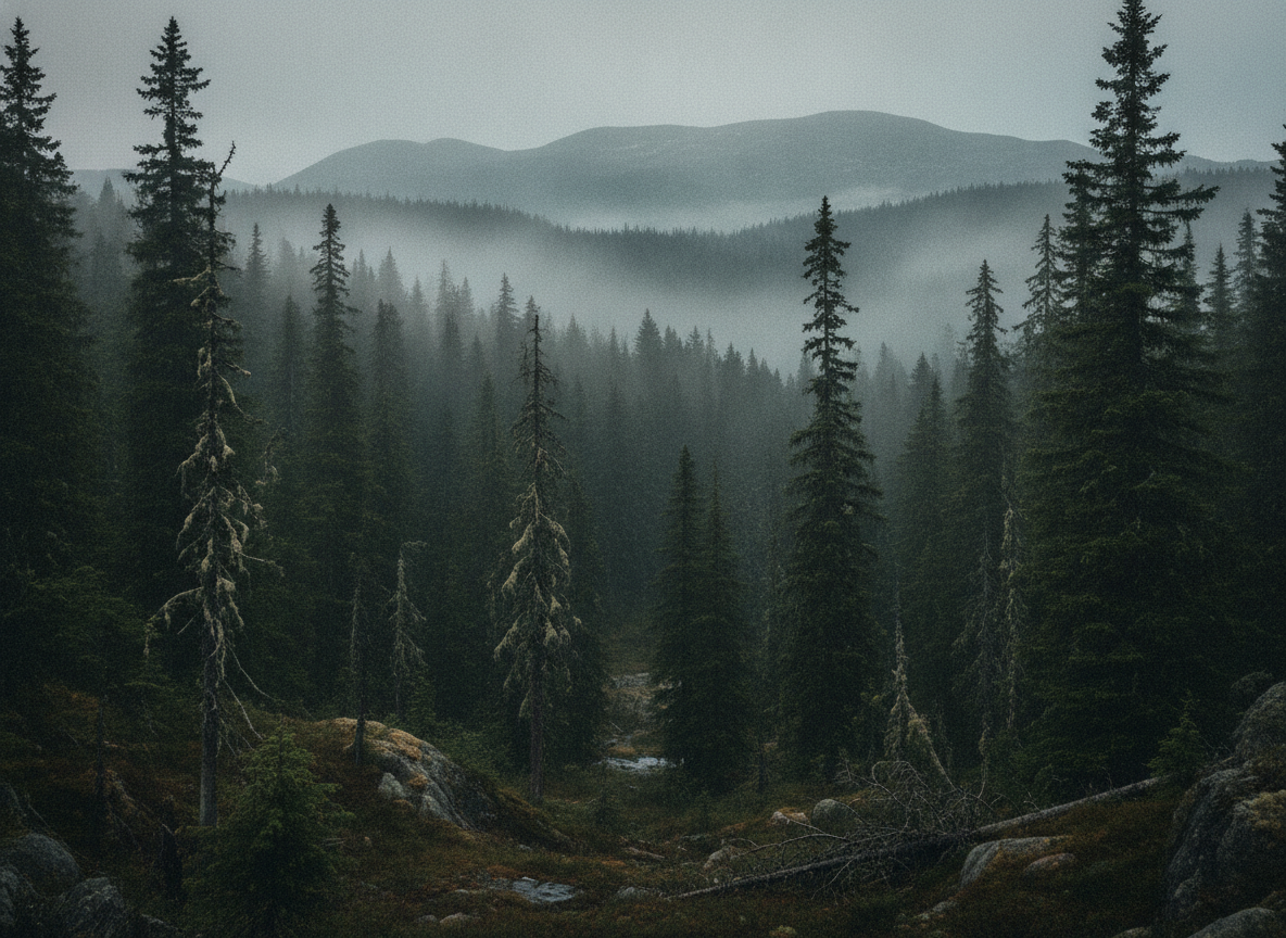 Moody nordic wilderness mist hanging over a deep evergreen forest, fine art print visual