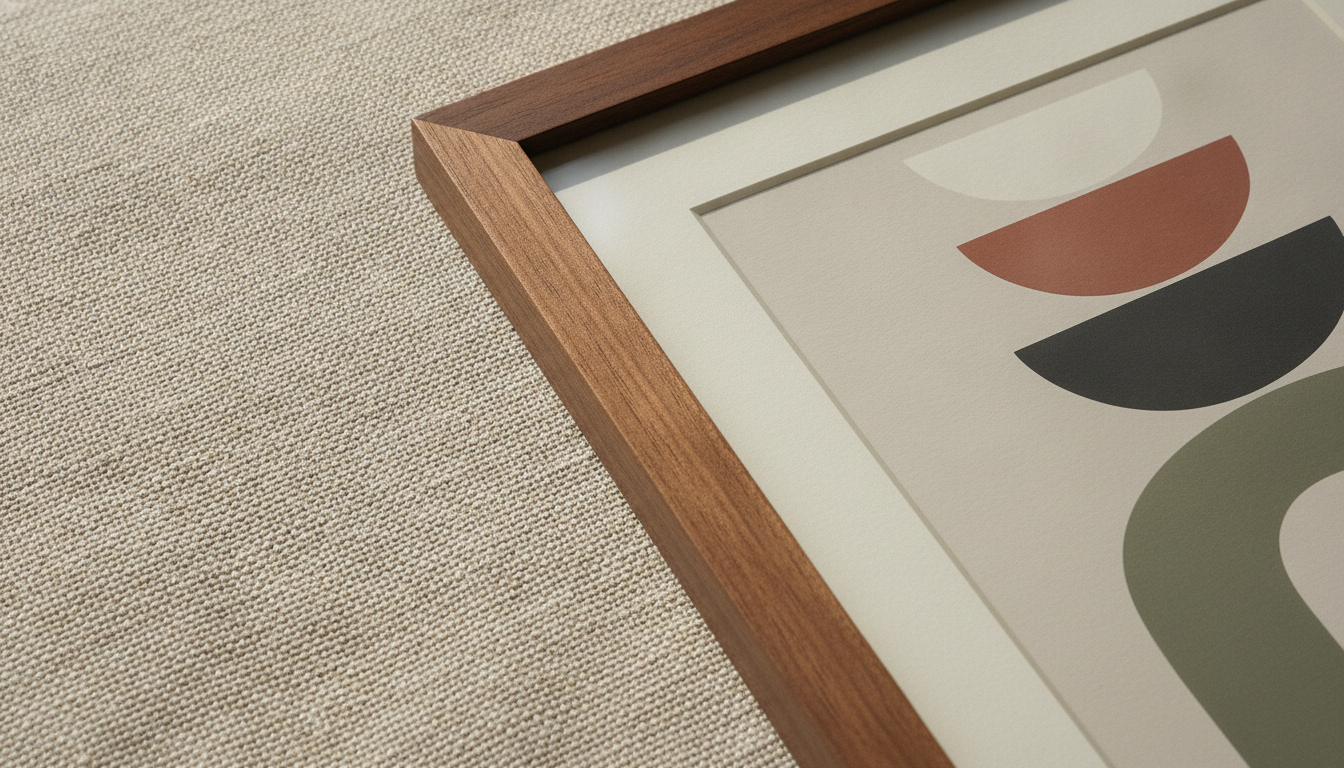 Premium modern wooden gallery frame containing an exquisite minimalist print showcased on a textured linen background