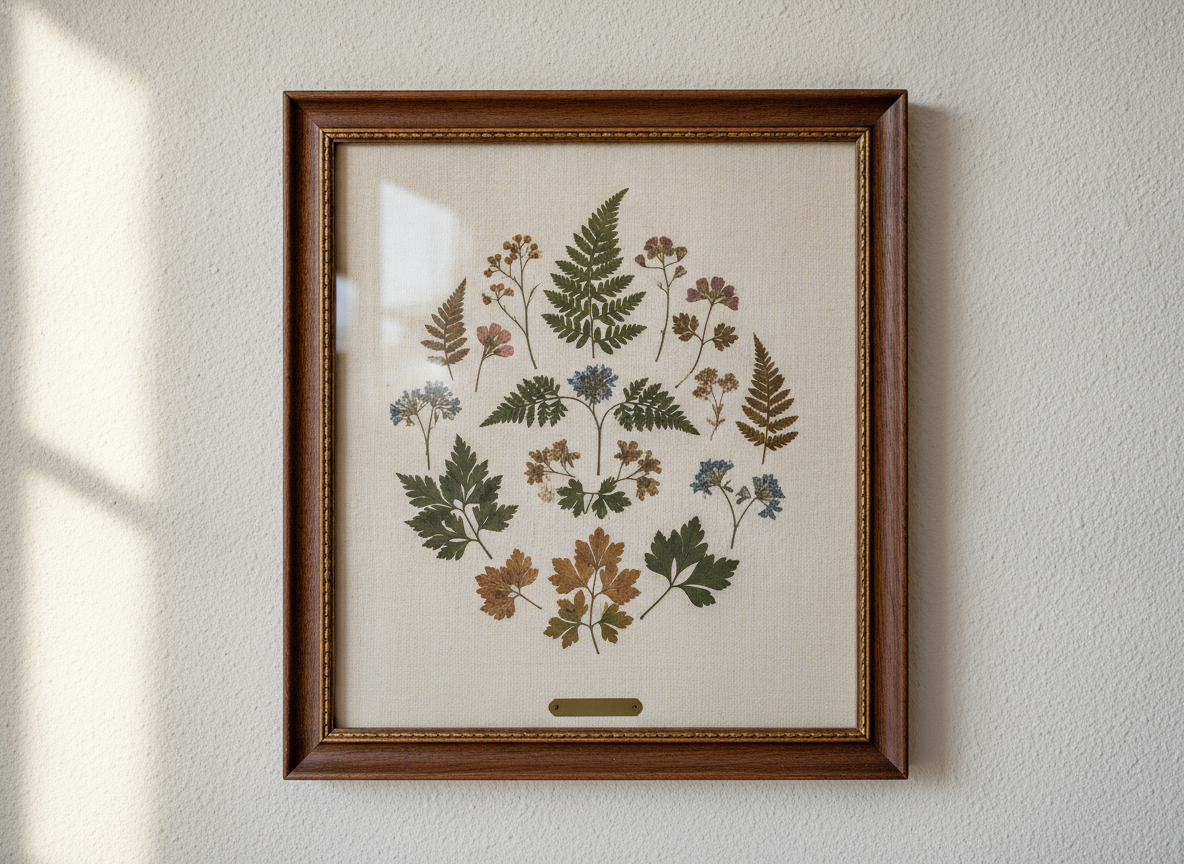 Vintage organic pressed botanical speciment print, framed elegantly on a cotton blend matting board